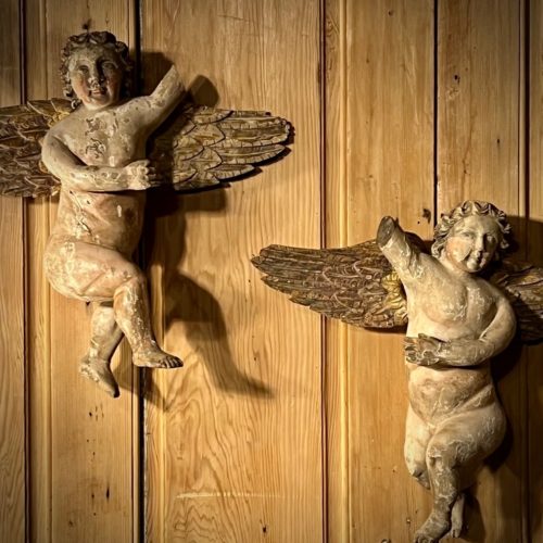 Paire De Putti Bois Sculpté XVIII ème Belle Patine