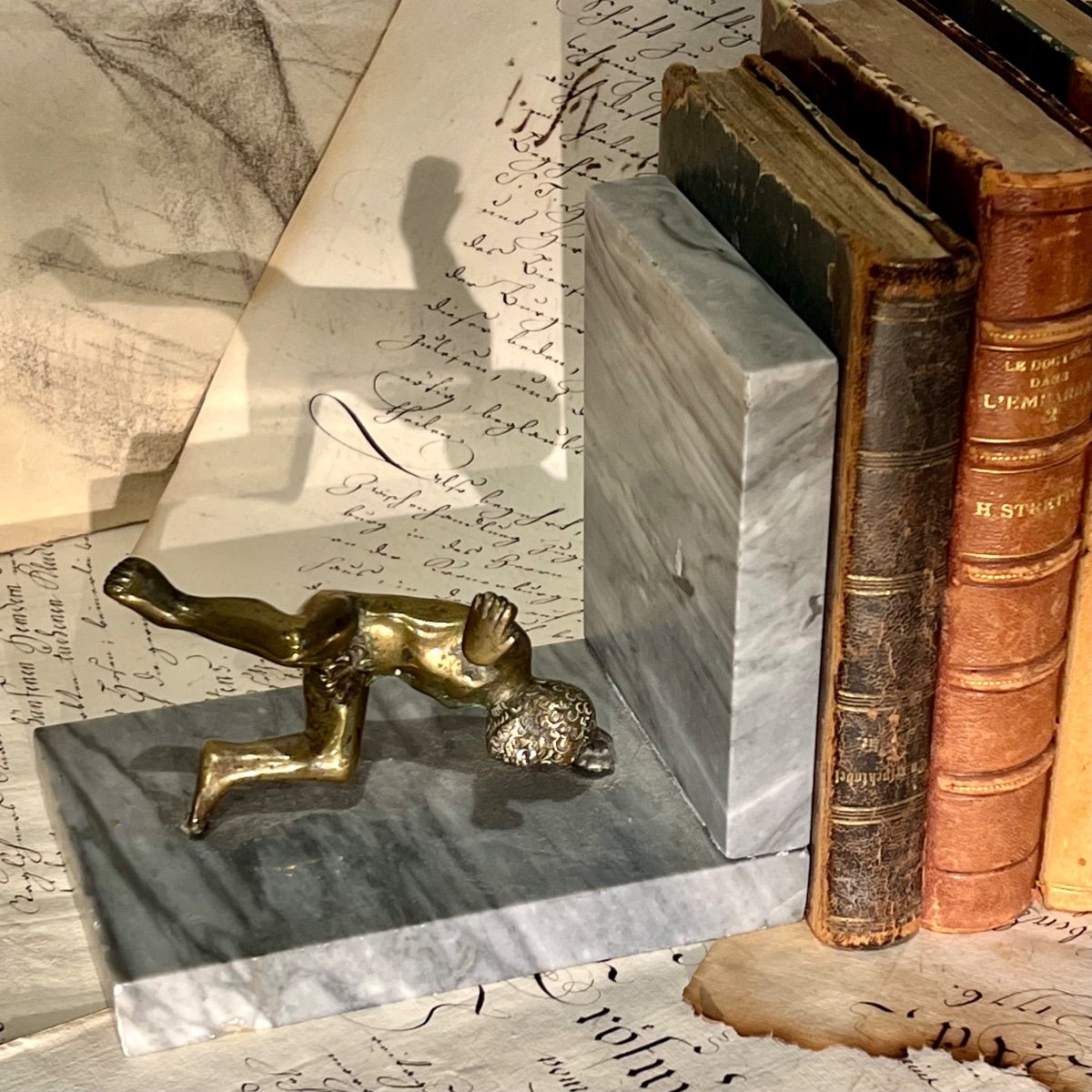 Presse-Livres Serre-livres Pancratiastes Lutteurs Bronze Et Marbre – Image 3