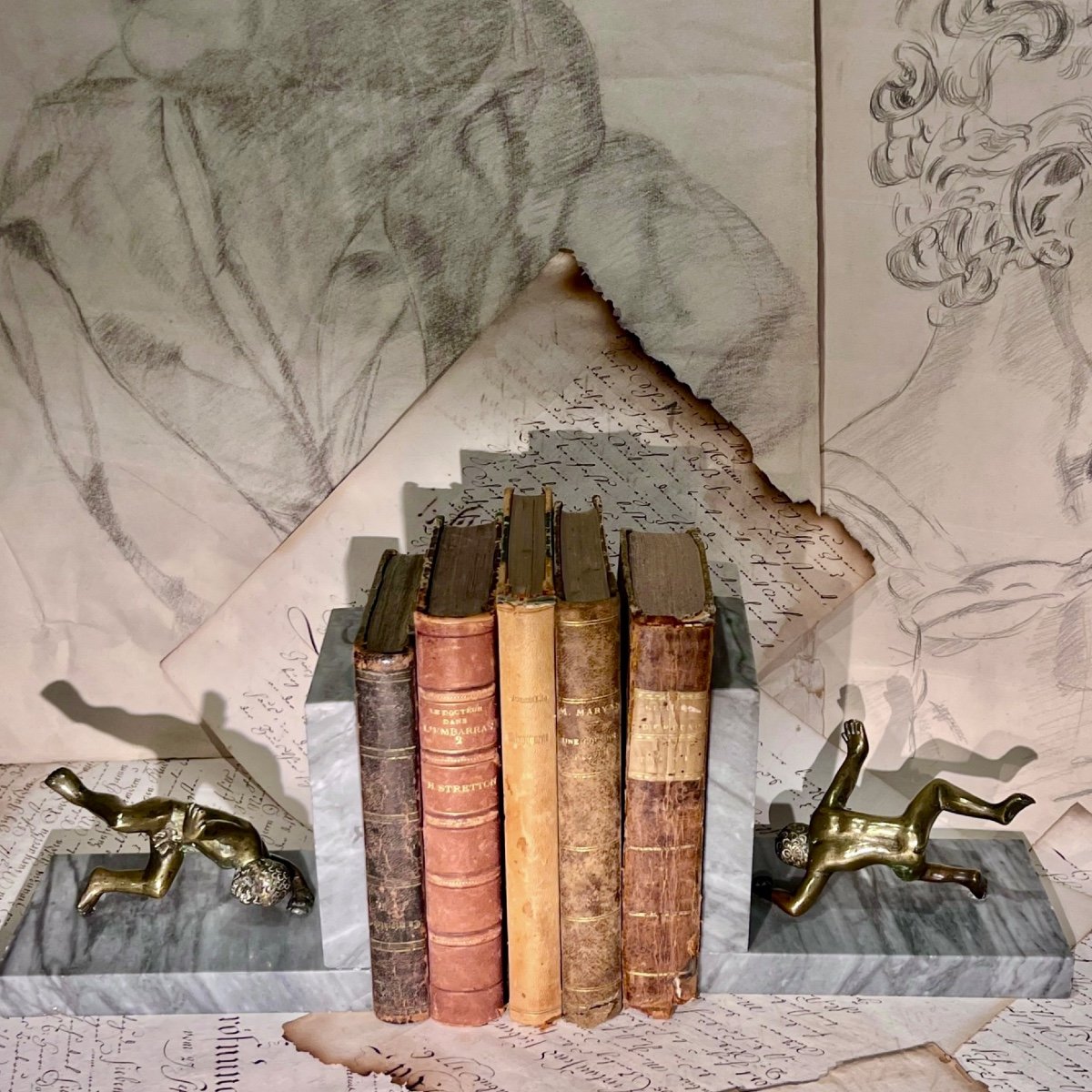 Presse-Livres Serre-livres Pancratiastes Lutteurs Bronze Et Marbre – Image 4