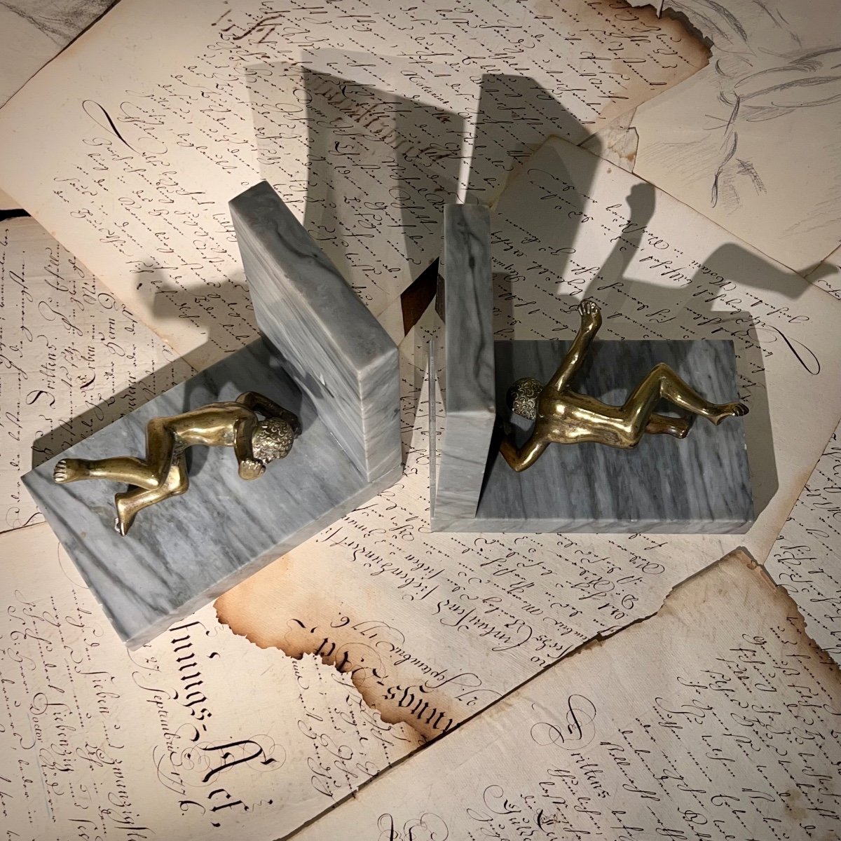 Presse-Livres Serre-livres Pancratiastes Lutteurs Bronze Et Marbre – Image 7