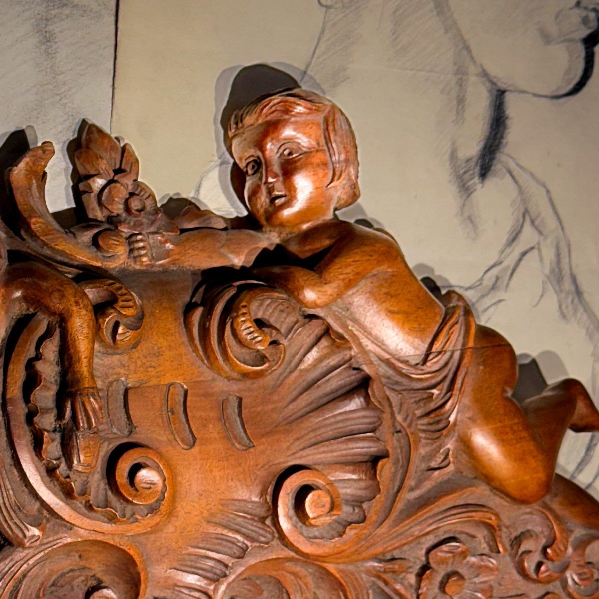 Couple de putti ou chérubins élément décoratif noyer XIXème – Image 3