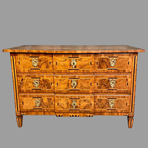 Commode Louis XVI époque XVIIIème marquetée, noyer et fruitiers Région Alsace, dessus bois