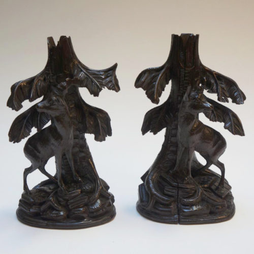Paire De Chandeliers Bois Sculpté Chamois Et Bouquetin Brienz